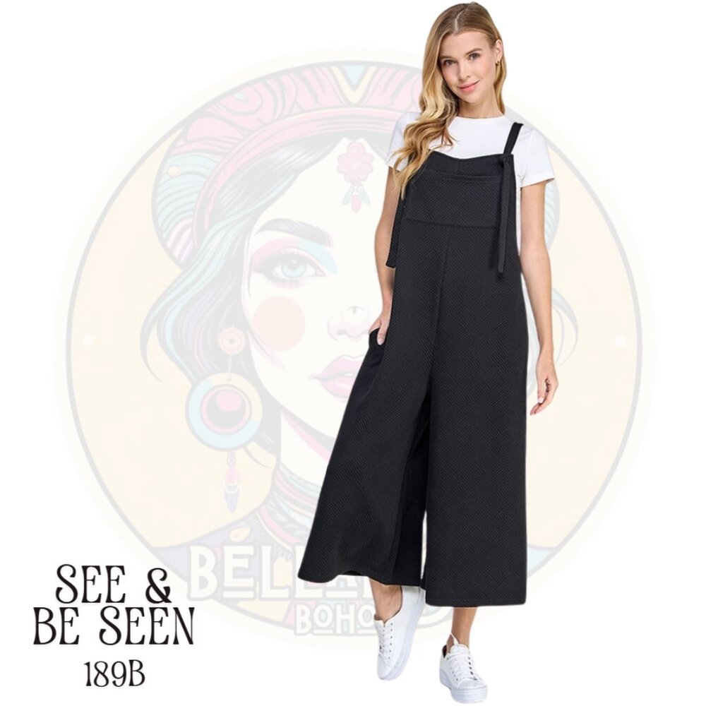 189B SEE & BE SEEN Black Textured Cropped Wide Leg Jumper Overalls